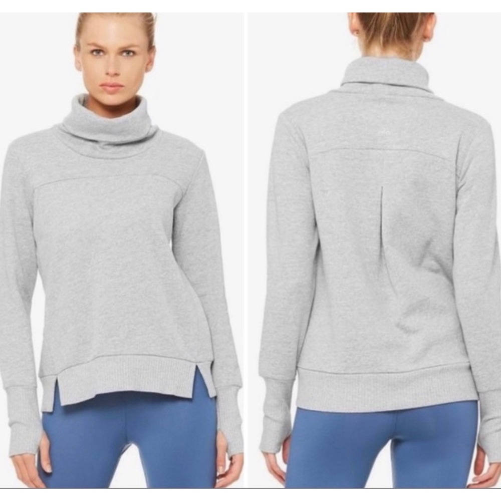 Alo Yoga Haze Funnel Neck Sweatshirt Women Large Gray Excellent Thumbhole Pleat